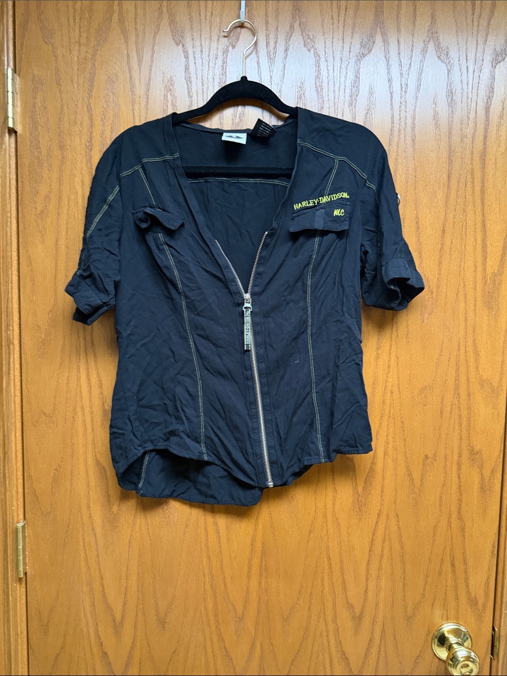 Harley-Davidson Black Short Sleeve Zip-Front Tee with Yellow Logo Patch